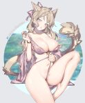  1girl animal_ears barefoot blue_eyes blush bow bracelet breasts brown_hair cat_ears cat_girl cat_tail cleavage deathalice english_commentary final_fantasy final_fantasy_xiv fingernails grey_background hair_bow highres jewelry large_breasts long_hair looking_at_viewer miqo&#039;te navel pink_bow simple_background sitting solo tail thighs twitter_username 