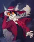  4_fingers anthro clothed clothing eyewear felid feline fingers fur glasses grey_body grey_fur hi_res lynx mammal orphen-sirius smile solo standing teeth white_body white_fur 