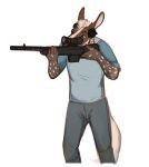  5_fingers aiming anthro blue_eyes bottomwear clothed clothing dappled_fur digital_media_(artwork) earmuffs equid equine eyebrows facial_markings faeseiren fingers fully_clothed gun hair head_markings hi_res hybrid long_hair male mammal mane markings mule pants ranged_weapon rifle scope shirt simple_background skugga_(skuggamul) solo t-shirt tail tan_tail topwear weapon white_hair white_mane 