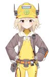  1girl ass_visible_through_thighs belt blonde_hair blush bodysuit breasts brown_jacket cowboy_shot cross_print drawstring facing_viewer flashlight gloves goddess_of_victory:_nikke groin hammer hardhat helmet highres hook jacket liter_(nikke) looking_at_viewer open_clothes open_jacket orange_eyes screwdriver shok_(shovelkun) small_breasts smile standing utility_belt v-shaped_eyebrows walkie-talkie white_background white_hood wrench yellow_bodysuit 