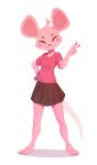  akiratan anthro bottomwear clothing digital_media_(artwork) female fur gesture hi_res mammal mouse murid murine narrowed_eyes paws pink_body pink_fur pose rodent simple_background skirt smile smiling_at_viewer solo squint v_sign white_background 