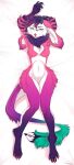  anthro big_butt blue_eyes butt chest_tuft claws dakimakura_design female fur hair hi_res horn kaurimoon long_ears pink_body pink_claws pink_fur pink_nose short_hair solo stripes tail tuft 