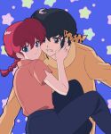  1boy 1girl black_hair blue_background blue_eyes braid braided_ponytail closed_mouth hair_between_eyes hibiki_ryouga highres orange_shirt ranma-chan ranma_1/2 red_hair shirt smile star_(symbol) yukio1go 