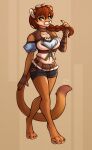  absurd_res anthro barefoot bottomwear clothing cougar feet felid feline female hi_res honeymooo mammal paws pigtails pose shorts smile solo steampunk 