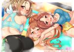  3girls absurdres back bangs blonde_hair blush breasts brown_hair check_commentary cleavage collarbone commentary_request dripping exercise floor from_above heart heart-shaped_pupils heavy_breathing highres idolmaster idolmaster_cinderella_girls indoors kurushima_gire large_breasts long_hair looking_at_viewer looking_back manabe_itsuki mat multiple_girls no_pants on_floor one_eye_closed open_mouth parted_bangs pink_eyes ponytail red_eyes saito_yoko short_hair shorts signature sleeveless smile sports_bra stain steam stretching sweat sweaty_clothes symbol-shaped_pupils tank_top topless towel wakabayashi_tomoka wet wet_hair yellow_eyes yoga_mat 