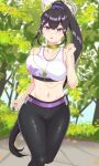  1girl :o bangs bare_shoulders black_hair black_pants blue_archive bouncing_breasts breasts choker chopin_illust clenched_hands collarbone commentary_request cowboy_shot earphones flower green_choker groin hair_between_eyes hair_flower hair_ornament hair_scrunchie halo hand_up highres large_breasts long_hair looking_at_viewer midriff navel pants ponytail purple_eyes purple_scrunchie running scrunchie sidelocks solo sports_bra sumire_(blue_archive) sweat very_long_hair white_sports_bra yoga_pants 