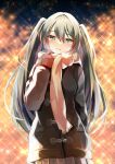  1girl adjusting_scarf bangs black_coat blue_eyes blurry blurry_background blush breath christmas coat cowboy_shot gloves green_hair grey_hair grey_skirt hajimete_no_koi_ga_owaru_toki_(vocaloid) half-closed_eyes hand_up hatsune_miku head_tilt highres long_hair long_sleeves looking_at_viewer mani_(manidrawings) night parted_lips pleated_skirt red_gloves red_scarf scarf skirt smile solo sparkle tears toggles twintails very_long_hair vocaloid winter_clothes 