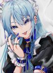  1girl blue_eyes blue_hair cigarette highres hololive hoshimachi_suisei looking_at_viewer maid mirai99 smoke solo tongue tongue_out 