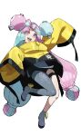  1girl :d absurdres bangs bike_shorts boots commentary_request ehum3588 full_body green_hair grey_footwear grey_pantyhose happy highres iono_(pokemon) jacket leg_up long_hair multicolored_hair open_mouth pantyhose pink_eyes pink_hair pokemon pokemon_(game) pokemon_sv sharp_teeth single_leg_pantyhose sleeves_past_fingers sleeves_past_wrists smile solo teeth tongue twintails two-tone_hair upper_teeth_only yellow_jacket 