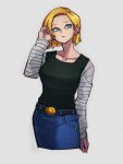  1girl android_18 belt blonde_hair blue_eyes blue_skirt breasts dragon_ball dragon_ball_z earrings grey_background jewelry kemachiku short_hair simple_background skirt solo 