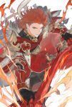  1boy armor black_gloves cape closed_mouth fire fur-trimmed_cape fur_trim gloves granblue_fantasy highres holding holding_sword holding_weapon male_focus mumu_vosp percival_(granblue_fantasy) red_armor red_eyes red_hair short_hair shoulder_armor smile solo sword vambraces weapon white_cape 