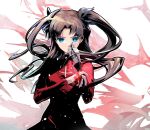  1girl blue_eyes brown_hair cofffee fate/stay_night fate_(series) holding holding_jewelry holding_necklace jewelry long_hair necklace ribbon solo sweater tohsaka_rin twintails 