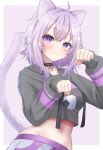  1girl animal_ears black_collar cat_ears cat_girl cat_tail collar cropped_hoodie highres hololive hood hoodie looking_at_viewer medium_hair midriff navel nekomata_okayu paw_pose purple_eyes purple_hair tail virtual_youtuber yamazakura118 