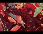  1boy 1girl axe battle_axe black_hair black_nails black_shorts blonde_hair blue_eyes candy colt_(gangsta) eyelashes eyepatch food freckles gangsta holding holding_weapon knife lollipop nail_polish navel red_eyes short_hair shorts sig_(gangsta) syndicate tank_top weapon 