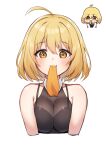  1girl artist_request blonde_hair breasts floating_hair haru_estia highres large_breasts leotard looking_at_viewer mouth_hold necktie necktie_in_mouth simple_background soul_worker white_background yellow_eyes 