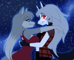  2023 anthro black_body black_collar black_fur black_nose blue_eyes canid canid_demon canine canis clothing collar demon digital_drawing_(artwork) digital_media_(artwork) dress duo female fur grey_body grey_fur grey_hair hair hellhound helluva_boss long_hair loona_(helluva_boss) mammal multicolored_body multicolored_fur night red_clothing red_dress red_sclera sky spiked_collar spikes star starry_sky tongue tongue_out topwear vest weewoo white_body white_eyes white_fur wolf 