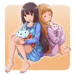  2girls back-to-back barefoot blue_shirt blue_shorts blush brown_background closed_eyes cushion framed frilled_shirt frilled_shorts frills gig99 green_eyes long_sleeves multiple_girls nogi_sonoko open_mouth pajamas shirt shorts sitting smile tougou_mimori yuuki_yuuna_wa_yuusha_de_aru yuusha_de_aru 