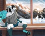  absurd_res boxer_briefs bulge canid canine chlorine_artworks clothed clothing fox full-length_portrait fur hi_res male mammal mountain off_shoulder painting paws portrait shirt snowman topwear underwear white_body white_fur window winter 