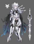  1girl armor arms_at_sides blue_eyes breasts cape donxxxs emblem expressionless full_body grey_background headgear highres looking_at_viewer mecha_musume original short_hair small_breasts solo standing sword torn_cape torn_clothes very_short_hair weapon white_hair 