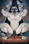  2023 anthro balls black_nose black_sclera canid canine canis canyne_khai collar death_(puss_in_boots) detailed_background english_text erection fur genitals grey_body grey_fur hi_res humanoid_genitalia humanoid_penis male mammal melee_weapon muscular muscular_anthro muscular_male penis puss_in_boots_(film) puss_in_boots_the_last_wish red_eyes rope solo text weapon wolf 