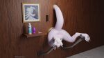  3d_(artwork) absurd_res anthro anus balls buttplug condom_wrapper digital_media_(artwork) erection fur fyrn_(owoskan) genitals hi_res lube_bottle male nude owoskan paws penis pink_body pink_fur plug_(sex_toy) puffy_anus restrained sex_toy smile solo through_wall watermark wickerbeast 