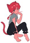  1girl animal_ears barefoot blue_eyes blush_stickers braid braided_ponytail breasts cat_ears cat_tail feet highres menma_(enaic31) ranma-chan ranma_1/2 simple_background solo tail tongue tongue_out twitter_username white_background 
