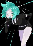  1other :d absurdres androgynous aqua_eyes aqua_hair bad_source bangs belt black_gloves black_shirt collared_shirt colored_eyelashes colored_skin elbow_gloves gem_uniform_(houseki_no_kuni) gloves hand_on_hip hand_on_own_chin highres houseki_no_kuni leaning leaning_forward necktie one_eye_closed other_focus parted_bangs phosphophyllite puffy_short_sleeves puffy_sleeves shirt short_hair short_shorts short_sleeves shorts smile white_belt white_shirt white_skin zutazutako 