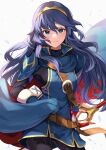  1girl bangs blue_eyes blue_hair blush cape falchion_(fire_emblem) fingerless_gloves fire_emblem fire_emblem_awakening gloves hair_between_eyes highres long_hair looking_at_viewer lucina_(fire_emblem) nakabayashi_zun simple_background smile solo sword tiara weapon 