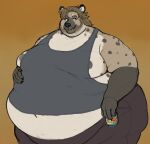  anthro areola areola_slip arizona_iced_tea belly beverage big_belly big_butt brown_hair butt claws clothed clothing double_chin ear_piercing fur hair hand_on_stomach holding_beverage holding_object hyena male mammal moobs navel obese obese_anthro obese_male overweight overweight_anthro overweight_male piercing shirt smile solo spots spotted_body spotted_fur spotted_hyena tan_body tan_fur tank_top topwear wide_hips yasano 