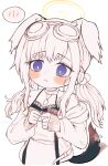  1girl :&lt; animal_ears blue_archive blush_stickers camisole chibi closed_mouth collar dog_ears dog_tags dog_tail goggles goggles_on_head hair_bobbles hair_ornament halo hibiki_(blue_archive) highres looking_at_viewer low_twintails monochrome off_shoulder purple_eyes ran_(bearsoymilk) simple_background sleeves_past_wrists solo spoken_blush spot_color tail twintails white_background 