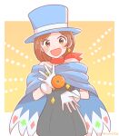  1girl :d ace_attorney blue_cape blue_headwear blush brown_eyes brown_hair cape dress earrings food fruit gloves hat jewelry magician mai8484 mandarin_orange open_mouth red_scarf scarf short_hair smile solo top_hat trucy_wright white_gloves 