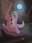  absurd_res anthro blush blush_lines bodily_fluids breasts canid canine canis detailed_background duo female female_on_top five_nights_at_freddy&#039;s five_nights_at_freddy&#039;s:_security_breach fox foxy_(fnaf) genital_fluids green_hair grey_hair hair hi_res hip_grab kissing kuwsh looking_at_another male male/female mammal masturbation on_top penile penile_masturbation roxanne_wolf_(fnaf) saliva saliva_string scottgames wolf 