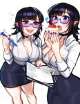  1girl artist_name bangs black_choker black_hair blue-framed_eyewear blue_nails blush blushyspicy breasts cake choker cleavage commentary earrings food glasses highres holding holding_pen jewelry large_breasts mole mole_under_eye multiple_views office_workers_(blushyspicy) paper pen pencil_skirt pointy_ears sharp_teeth shirt skirt strawberry_cake teeth vampire vampire_secretary_(blushypixy) white_shirt 