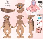 2023 anthro avian blue_eyes brown_body brown_feathers english_text feathers freckledcoat gryphon hi_res male model_sheet mythological_avian mythology pawpads pink_pawpads pronouns smile solo talons text 