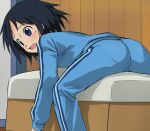  1girl ass blue_eyes blue_hair blush haruyama_kazunori jacket kuromajo-san_ga_tooru!! kurotori_chiyoko open_mouth pants pantylines short_hair solo track_jacket track_pants track_suit 