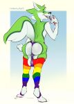  anthro balls big_balls big_butt black_nose butt canid canine claws clothed clothing digital_media_(artwork) emufur fidget_the_fox fox fur g-string genitals green_body green_eyes green_fur hair hi_res huge_balls huge_butt huge_thighs legwear looking_at_viewer male mammal multicolored_clothing multicolored_legwear multicolored_thigh_highs nude open_mouth paws rainbow_clothing rainbow_legwear rainbow_thigh_highs simple_background solo tail thick_thighs thigh_highs thong tongue underwear white_body white_fur 