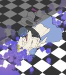  1other ajing073 alice_(alice_in_wonderland) alice_(alice_in_wonderland)_(cosplay) apron black_vest blue_dress blue_hair bowl_cut checkered_floor cosplay dissolving dress facing_down from_above from_side hat hat_loss hat_removed hat_ribbon headwear_removed highres holding holding_scissors houseki_no_kuni kneeling long_sleeves mad_hatter_(alice_in_wonderland) mad_hatter_(alice_in_wonderland)_(cosplay) necktie other_focus phosphophyllite phosphophyllite_(ll) puffy_long_sleeves puffy_short_sleeves puffy_sleeves purple_necktie ribbon scissors shirt short_hair short_sleeves solo stab thighhighs top_hat vest white_apron white_headwear white_shirt white_thighhighs 