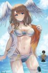  1boy 1girl bangs bikini blue_eyes breast_tattoo breasts brown_hair choker cleavage doiparuni eunie_(xenoblade) head_wings highres large_breasts long_hair looking_at_viewer medium_hair navel smile swimsuit taion_(xenoblade) tattoo water white_wings wings xenoblade_chronicles_(series) xenoblade_chronicles_3 