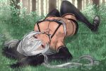  1girl alabama_(azur_lane) armpits arms_up azur_lane bandeau bare_shoulders bikini bikini_under_clothes black_gloves black_shorts black_thighhighs breasts cleavage commentary_request craiven dark_skin elbow_gloves forest gloves grass grey_footwear grey_hair highres large_breasts long_hair looking_at_viewer lying micro_shorts midriff nature navel on_back outdoors red_eyes shoes shorts sneakers solo stomach strapless swimsuit thighhighs thighs tube_top twintails 
