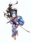  1girl ainu asirpa black_hair blue_robe boots bow_(weapon) earrings flower full_body golden_kamuy headband holding holding_bow_(weapon) holding_weapon hoop_earrings jewelry lejiazhang long_hair long_sleeves looking_away robe sash sideways_glance simple_background smile snow snowing solo standing standing_on_one_leg weapon white_background winter_clothes 