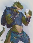  alcohol anthro beer belt beverage bottomwear clothing container cup cutoffs denim denim_clothing dinosaur dog_tags drinking fingerless_gloves genitals gloves green_body green_scales handwear hi_res jacket jewelry leather leather_clothing leather_jacket leather_topwear lion21 male muscular muscular_anthro muscular_male necklace penis penis_base punk reptile rocco_(tallion) scales scalie scar shirt shorts solo spiked_gloves spikes standing t-shirt tail theropod topwear torn_clothing torn_shirt torn_topwear tyrannosaurid tyrannosaurus tyrannosaurus_rex 