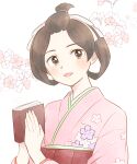  1girl ace_attorney bangs_pinned_back blush book brown_eyes brown_hair cherry_blossoms floral_print hair_ribbon hair_rings holding holding_book japanese_clothes kimono long_sleeves looking_at_viewer mai8484 open_mouth pink_kimono ribbon short_hair smile solo susato_mikotoba the_great_ace_attorney updo upper_body 