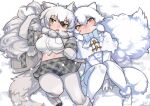  2girls animal_ears arctic_fox_(kemono_friends) arctic_wolf_(kemono_friends) black_hair blue_bow blue_bowtie blush boots bow bowtie capelet coat commission elbow_gloves fox_ears fox_girl fox_tail from_above fur_trim gloves grey_jacket grey_skirt hair_between_eyes highres jacket kemono_friends long_hair long_sleeves looking_at_viewer lying midriff multicolored_hair multiple_girls navel on_back open_clothes open_jacket pantyhose plaid plaid_skirt plaid_trim pleated_skirt rinx shirt sidelocks skeb_commission skirt smile snow tail two-tone_hair white_capelet white_coat white_footwear white_fur white_gloves white_hair white_pantyhose white_shirt white_skirt wolf_ears wolf_girl wolf_tail yellow_eyes 