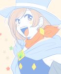  1girl :d ace_attorney blue_cape blue_eyes blue_headwear brown_hair cape earrings hat jewelry mai8484 open_mouth red_scarf scarf short_hair smile solo top_hat trucy_wright upper_body 