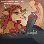  anthro armello atane27 blue_eyes bodily_fluids clothing digital_media_(artwork) erection female genital_fluids genitals hair hi_res male mammal murid murine nude open_mouth penis precum rat red_hood rodent smile solo text tongue tongue_out zosha_(armello) 