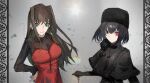  2girls absurdres aozaki_aoko bangs black_dress black_hair black_headwear black_sweater blue_eyes brown_hair capelet dress hand_on_hip heterochromia highres kuonji_alice long_hair looking_at_viewer mahou_tsukai_no_yoru multiple_girls red_dress short_hair sweater translated yaruyan 