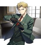  1boy black_gloves blonde_hair blue_eyes closed_mouth collared_shirt commentary desk formal gloves green_jacket green_pants green_suit green_vest gun handgun holding holding_gun holding_weapon indoors jacket looking_to_the_side male_focus necktie nyoro_(nyoronyoro000) pants picture_frame red_necktie shirt solo spy_x_family suit suit_jacket twilight_(spy_x_family) vest weapon white_shirt window 
