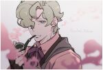  1boy ace_attorney blonde_hair blue_eyes blurry blurry_foreground character_name closed_mouth collared_shirt gonta_(yu37av) hair_over_one_eye herlock_sholmes holding holding_smoking_pipe long_sleeves looking_at_viewer male_focus neck_ribbon pink_shirt purple_ribbon ribbon shirt short_hair smoking_pipe solo the_great_ace_attorney upper_body 