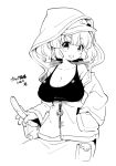  1girl bangs breasts cleavage cucumber flat_cap food hand_in_pocket hat high_contrast holding holding_food hood hoodie kawashiro_nitori key large_breasts long_sleeves looking_at_viewer monochrome open_mouth pocket simple_background solo tanasuke touhou translation_request 