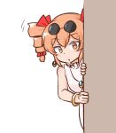  1girl bangs bracelet drill_hair earrings eyewear_on_head jewelry looking_at_viewer mizusoba orange_eyes orange_hair peeking_out pendant round_eyewear simple_background solo sunglasses touhou twin_drills white_background yorigami_jo&#039;on 